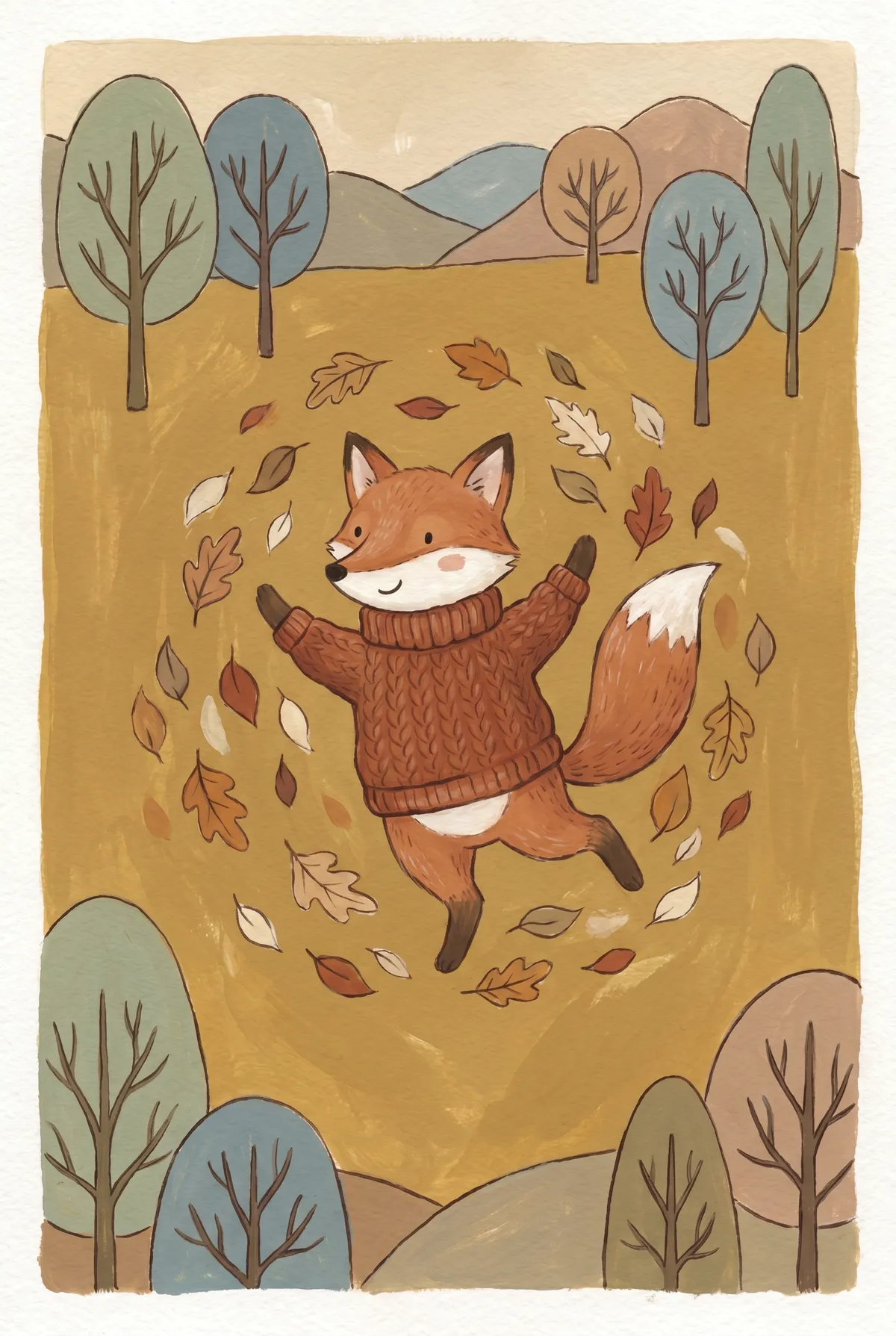 Fox in Sweater Autumn Leaves Print