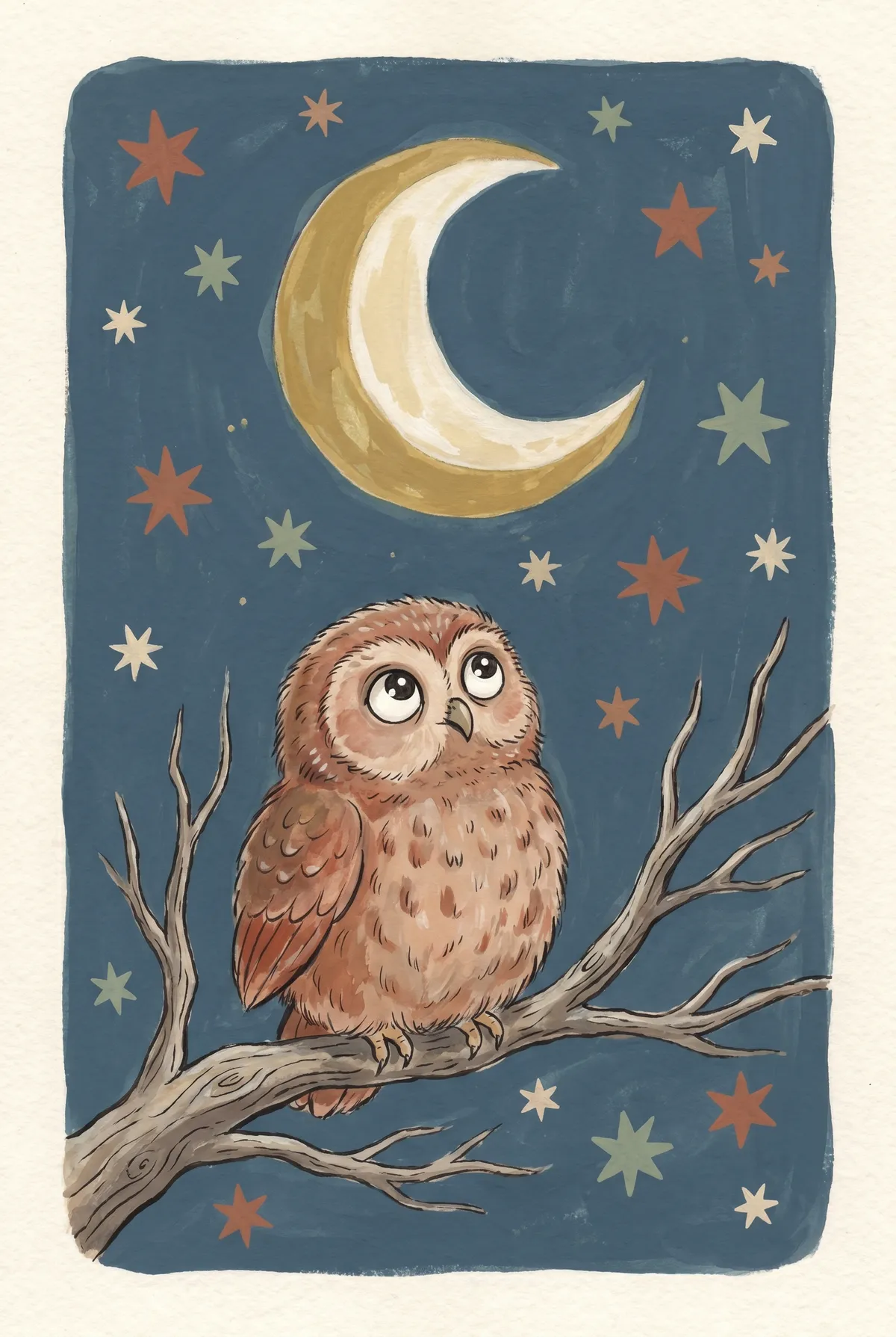 Owl & Crescent Moon Print