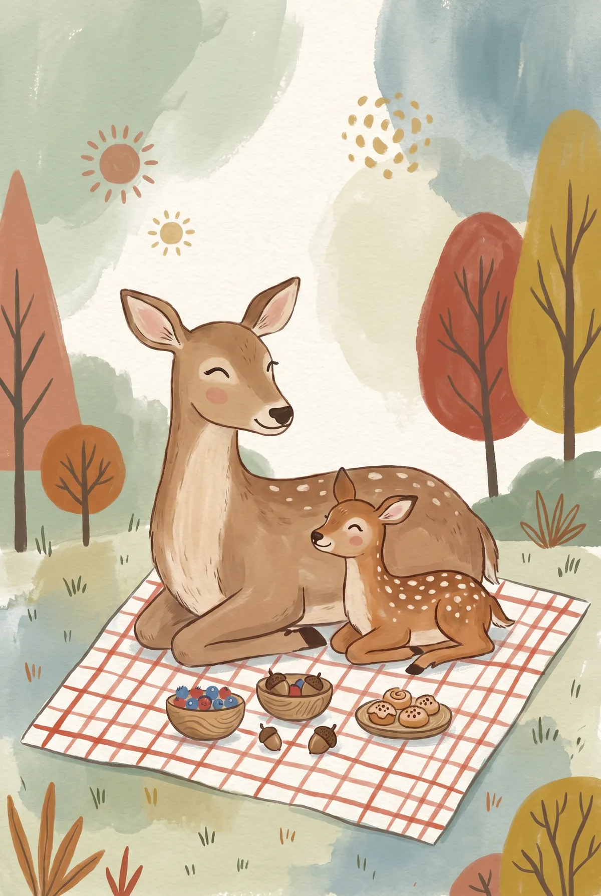 Mama Deer and Fawn Picnic Print