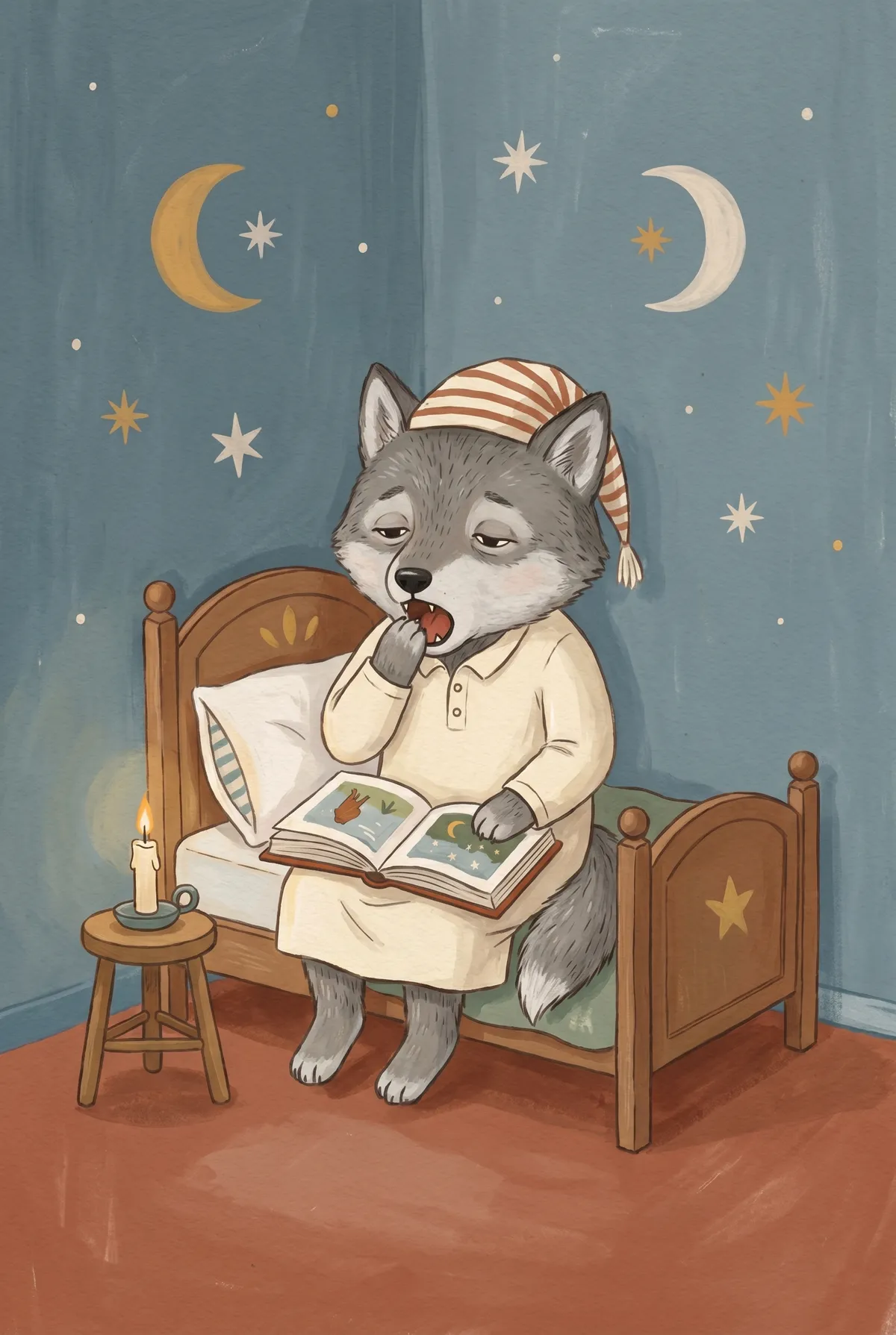 Sleepy Wolf Reading Bedtime Story Print
