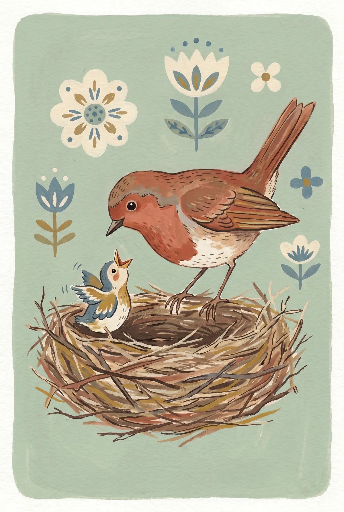 Mama Robin and Baby Bird Nest Print