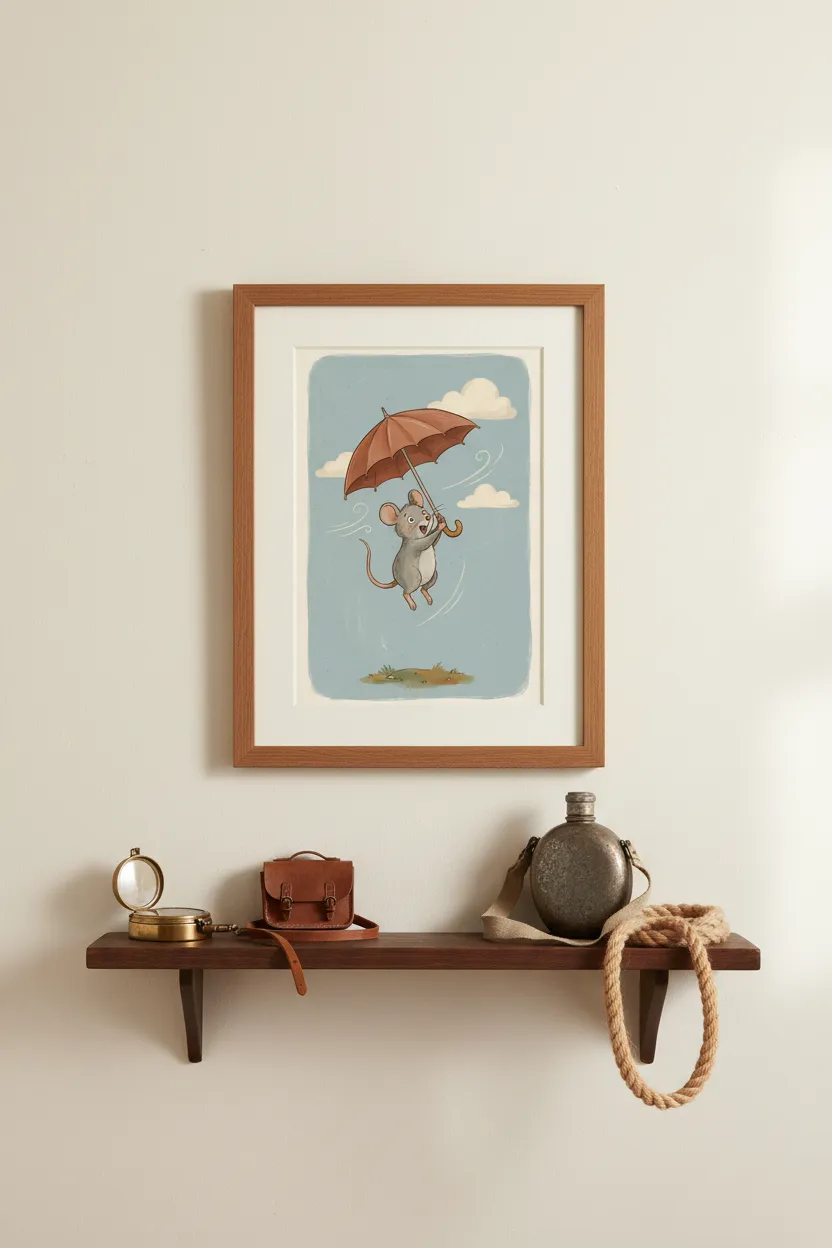 Flying Mouse with Umbrella Print