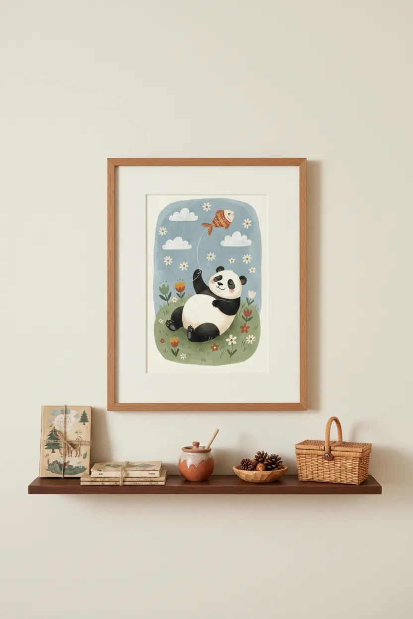 Panda with Fish Kite Print
