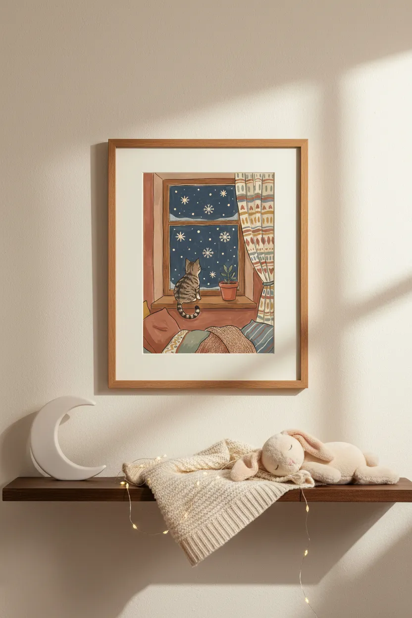 Tabby Cat Window Snow Print