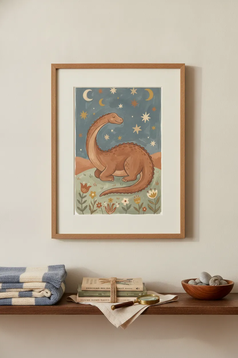 Sleepy Diplodocus Under Stars Print