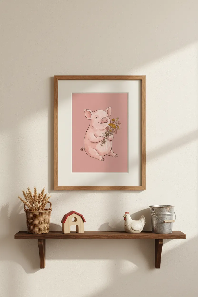 Piglet with Wildflower Bouquet Print