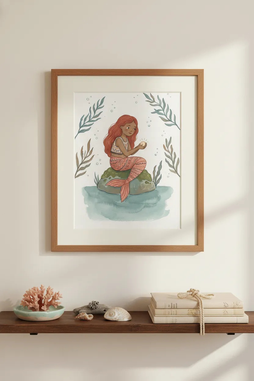 Red Haired Mermaid with Pearl Print