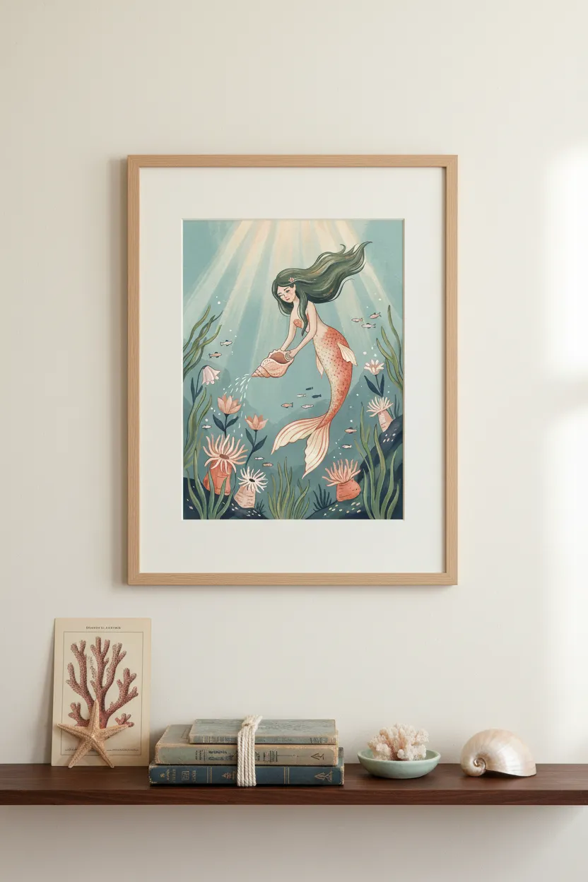 Mermaid Watering Underwater Garden Print
