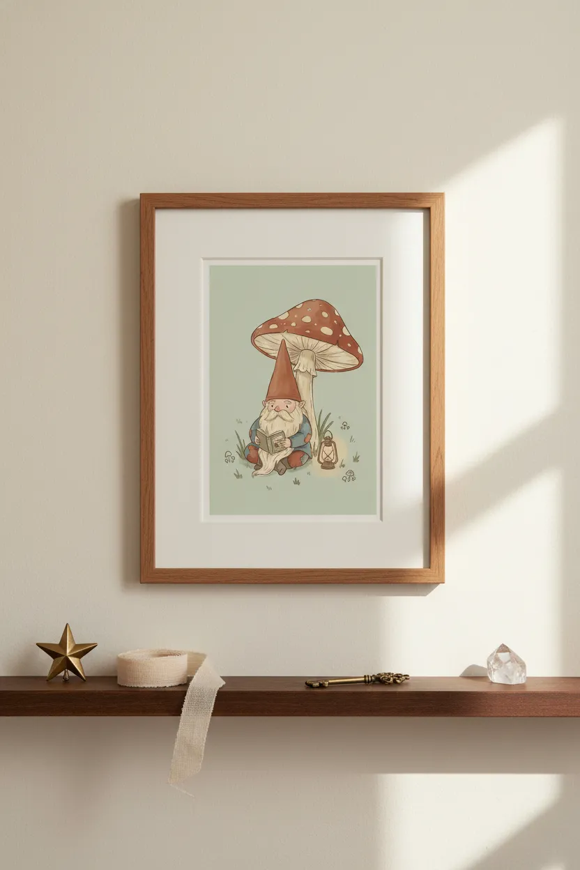 Gnome Reading Under Toadstool Print