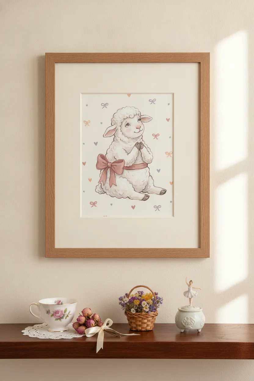Lamb with Pink Bow Print