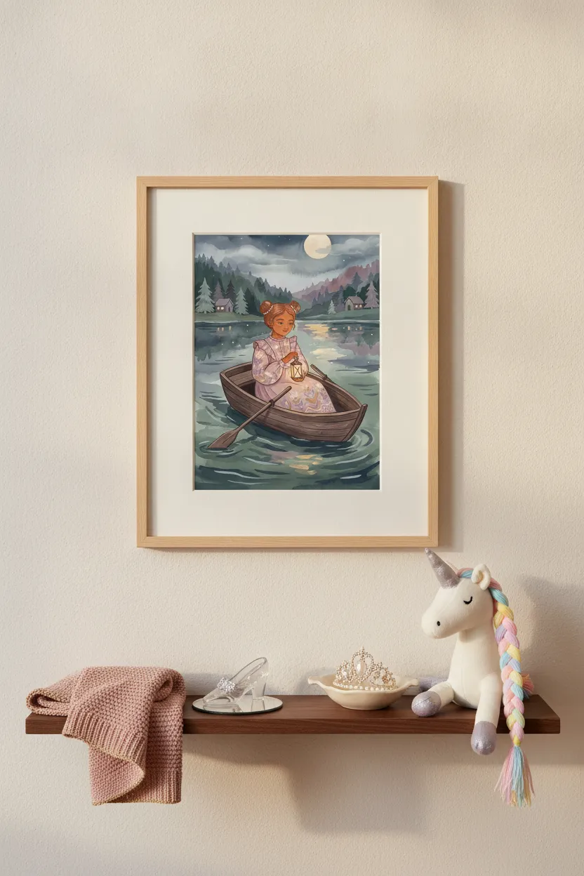 Girl with Lantern Rowing Boat Print