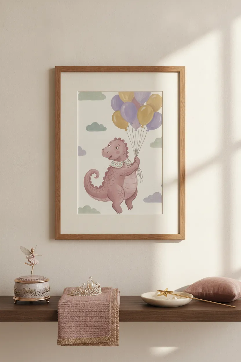 Pink Dragon with Balloons Print