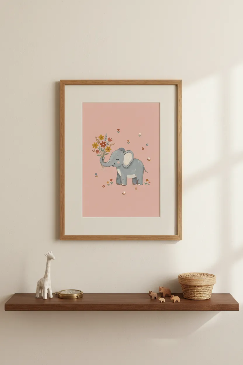 Baby Elephant with Wildflower Bouquet Print