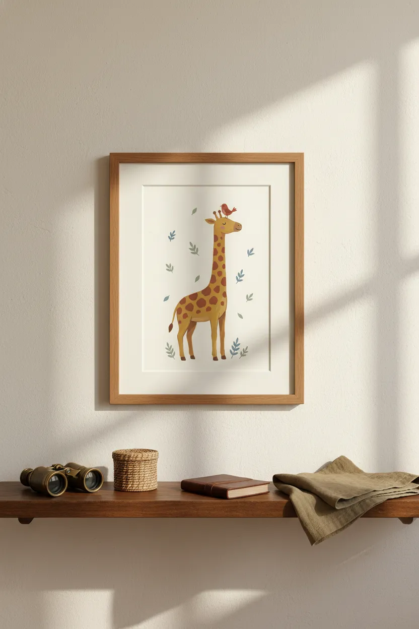 Giraffe and Red Bird Print