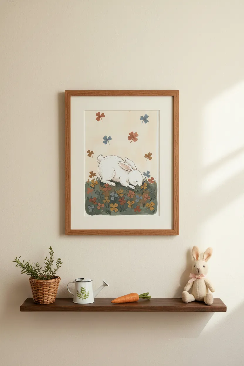White Bunny in Clover Field Print