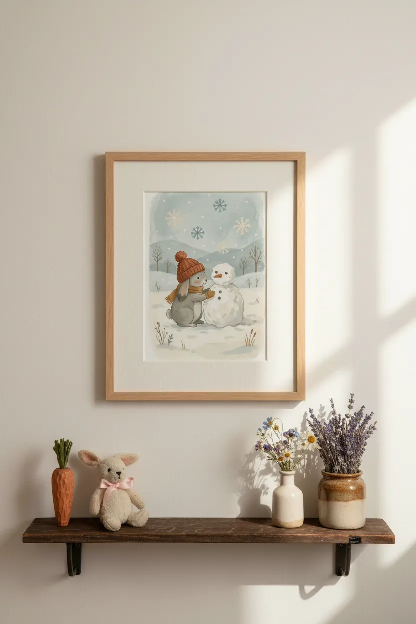 Bunny Building Snowman Print