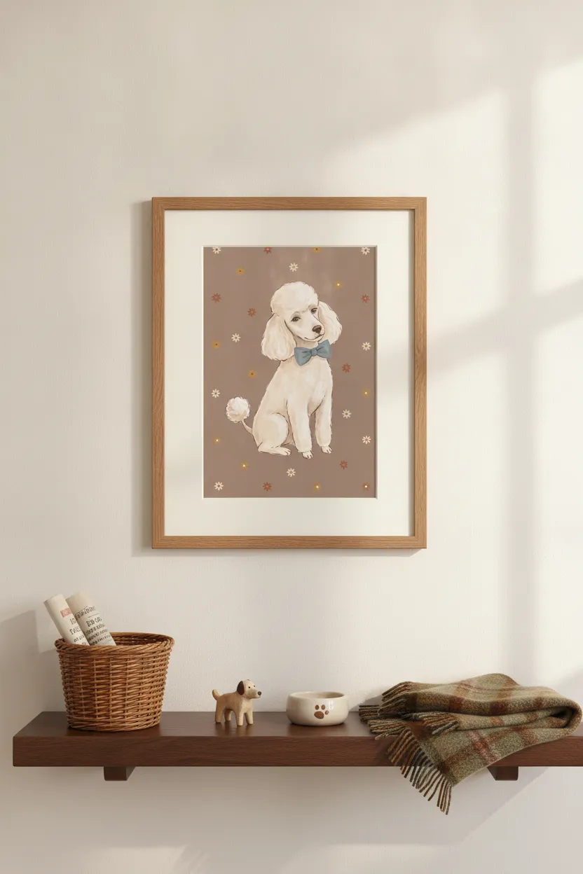 White Poodle Print with Blue Bow Tie