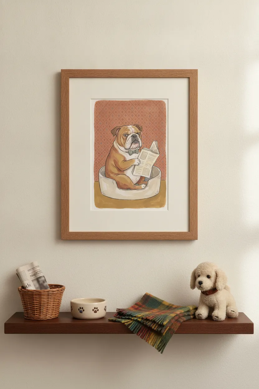 Grumpy Bulldog Reading Newspaper Print