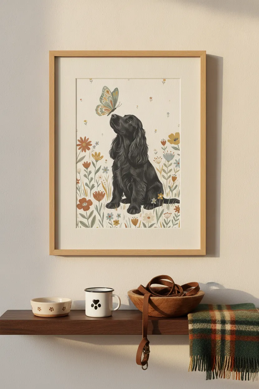 Black Cocker Spaniel & Butterfly Print