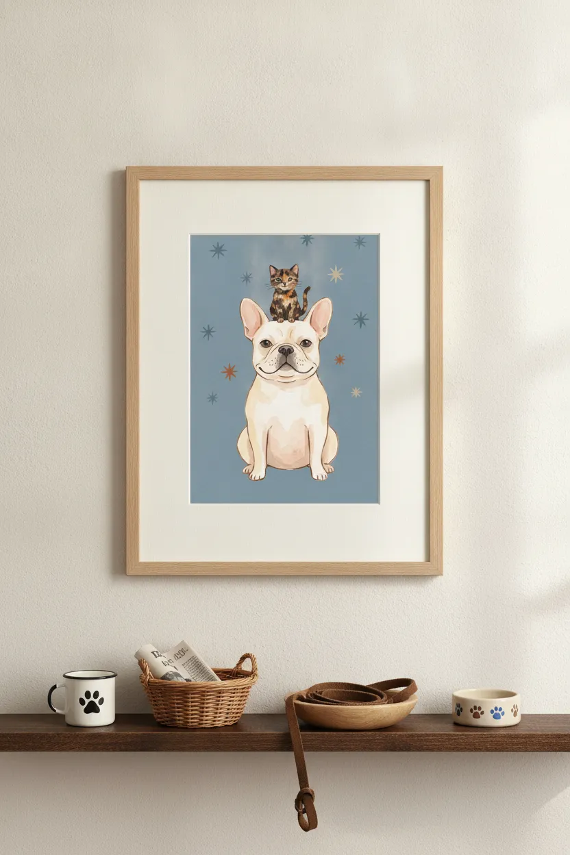 French Bulldog & Kitten Print