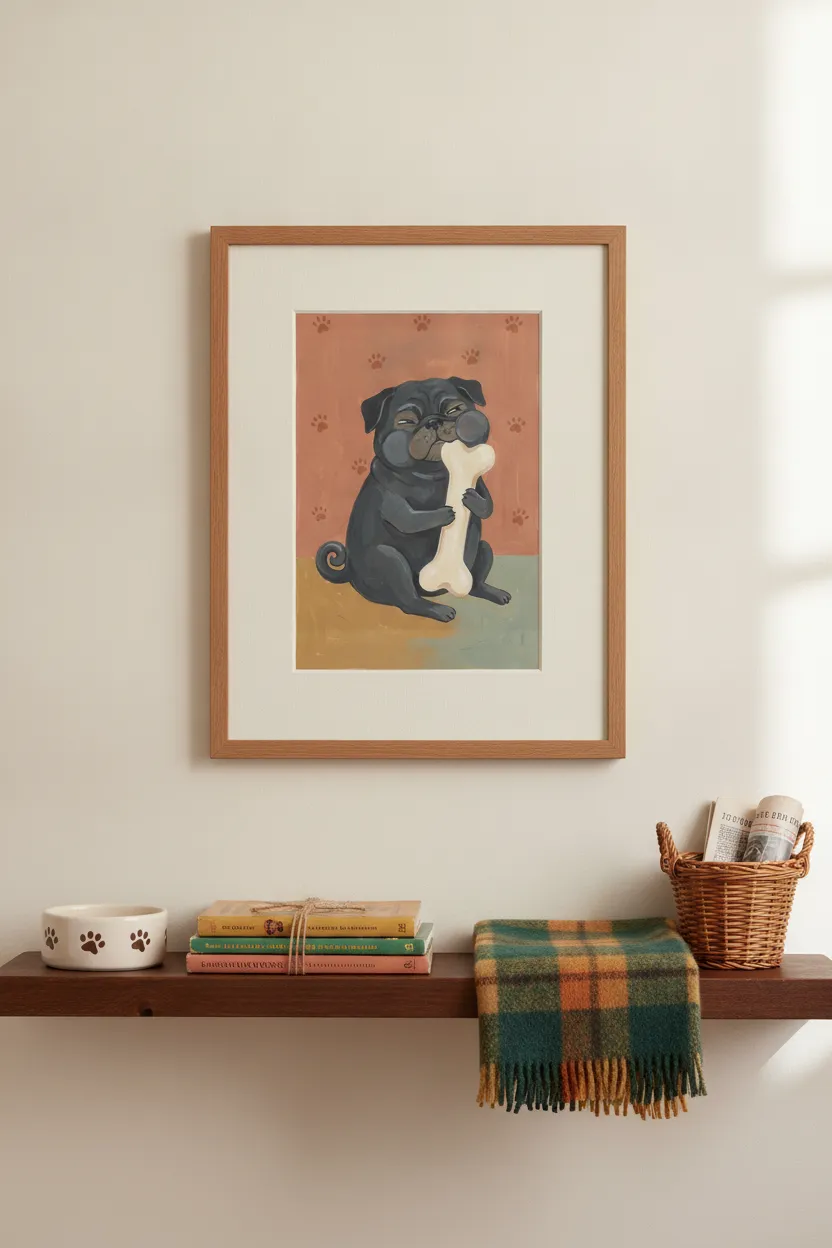Black Pug with Bone Print
