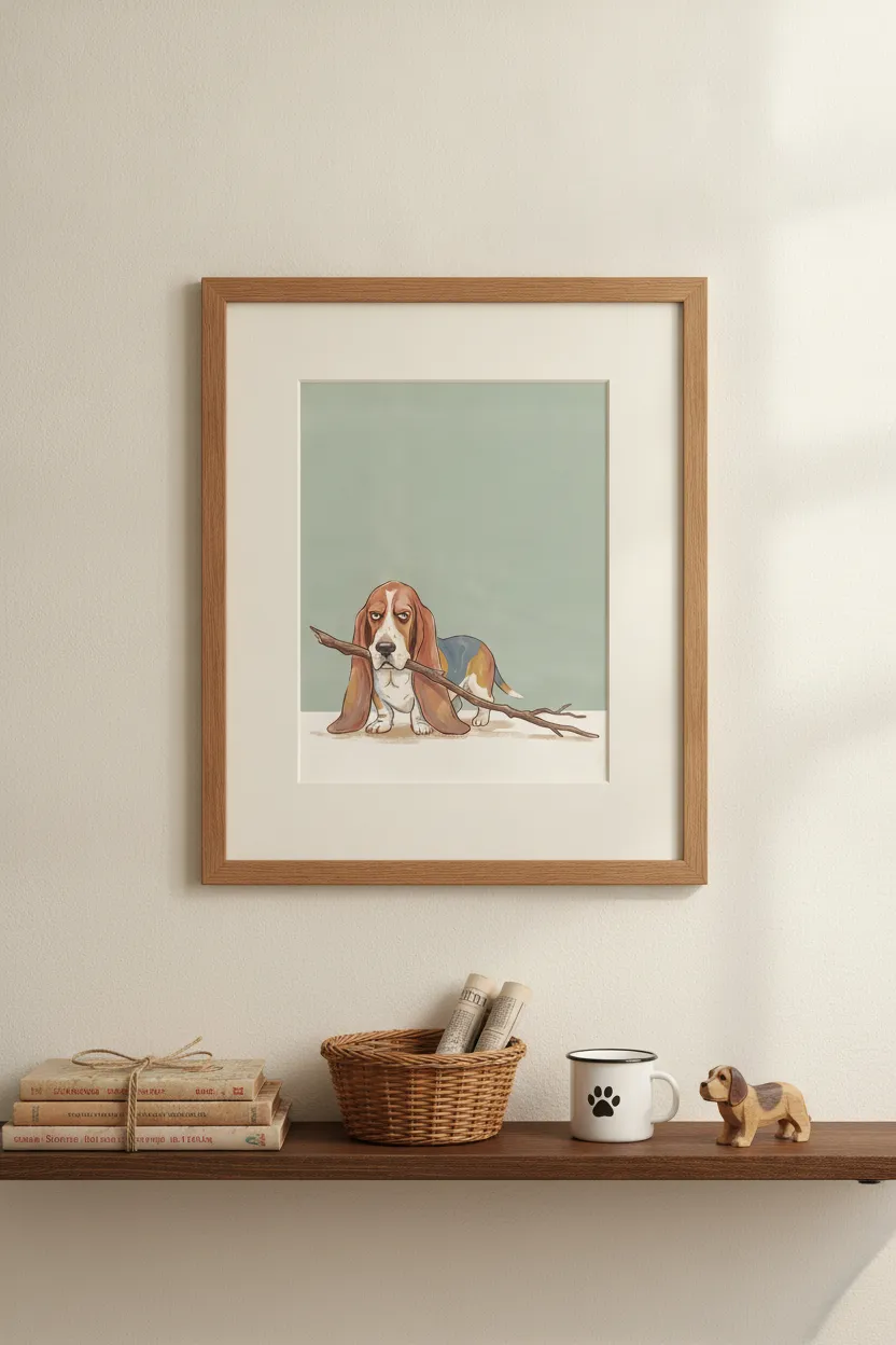Basset Hound with Stick Print