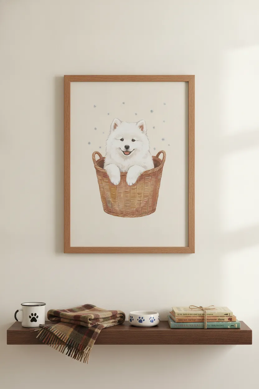 Samoyed Puppy in Basket Print