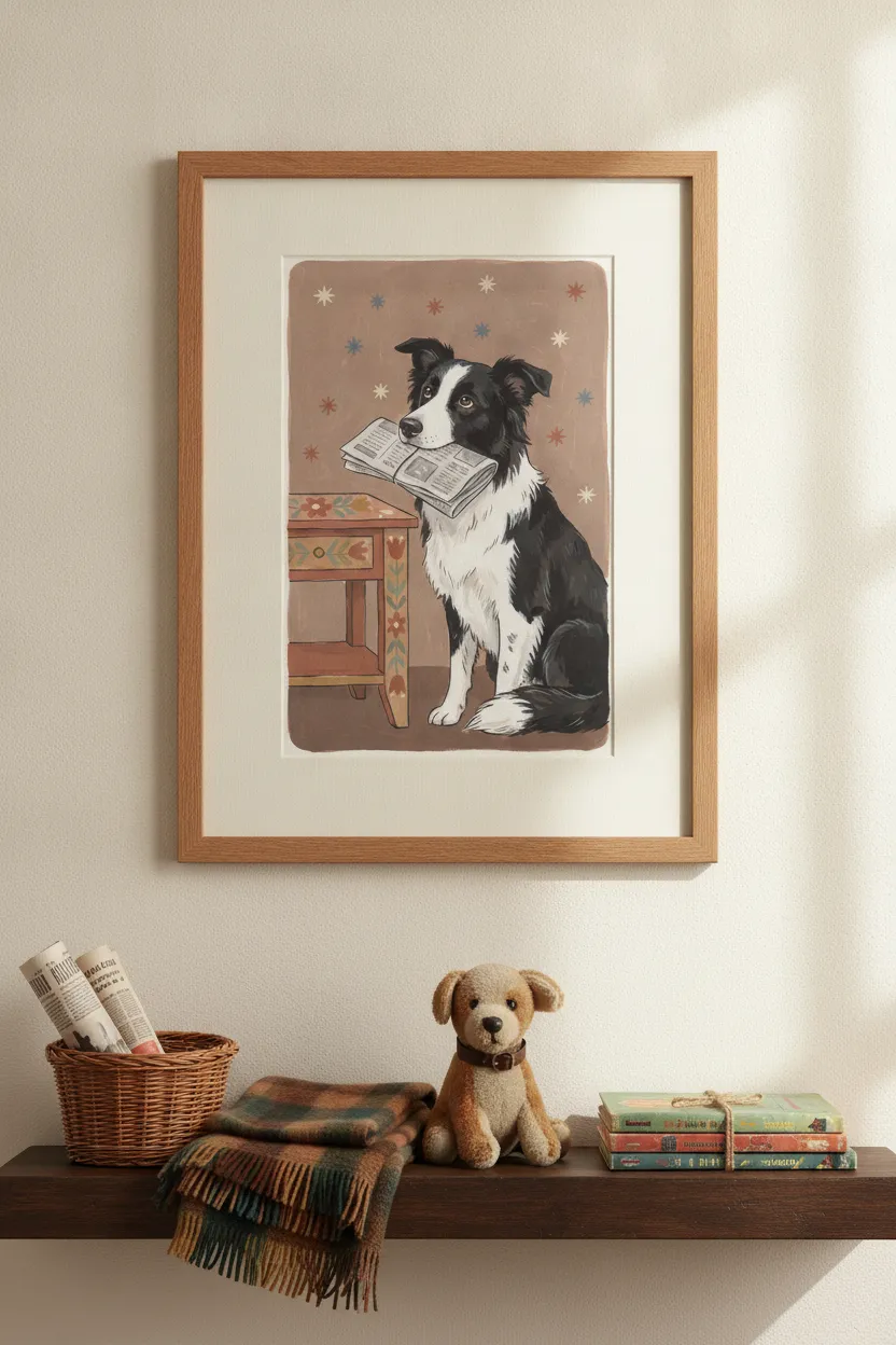 Border Collie with Newspaper Print