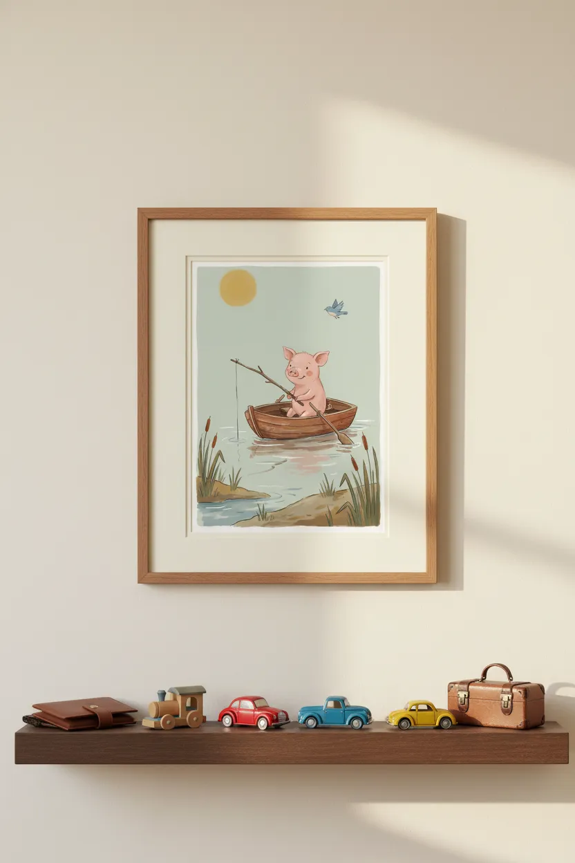 Pig Fishing in Rowboat Print
