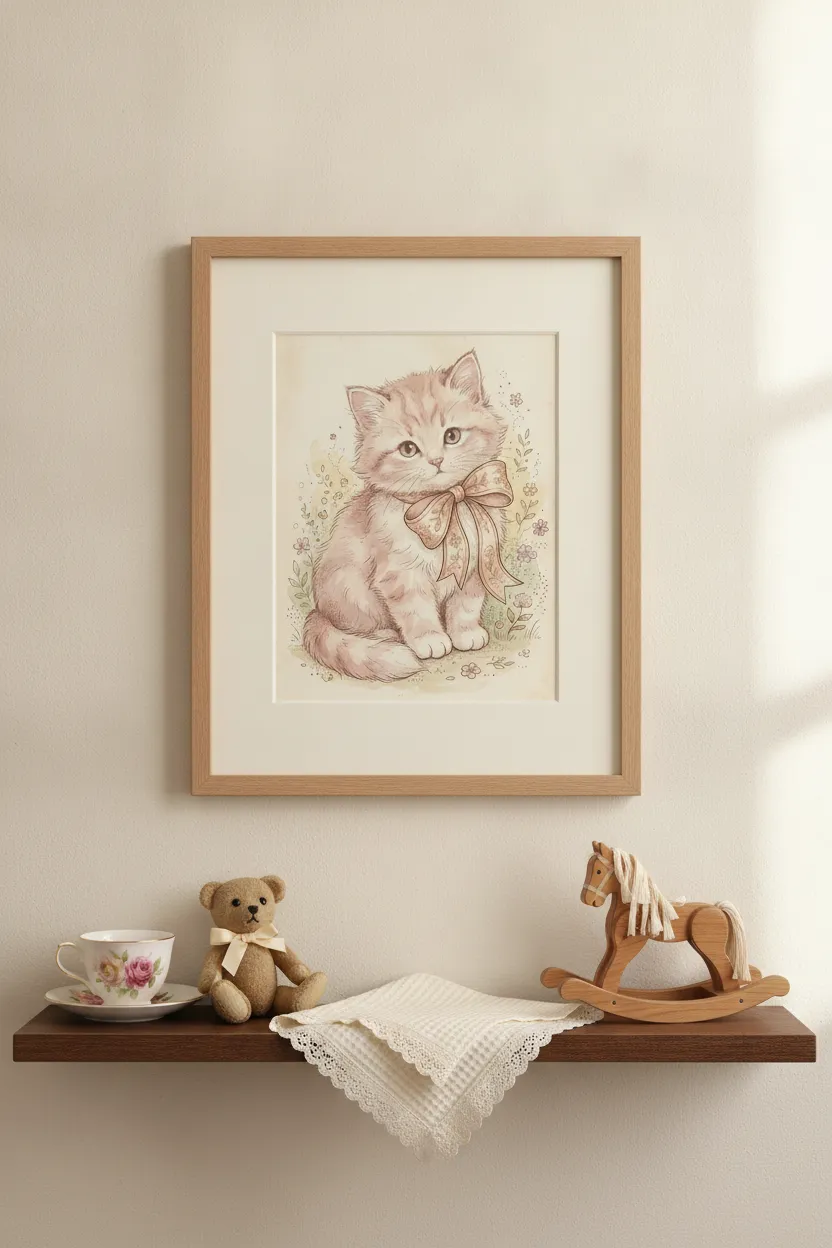 Vintage Kitten Print with Pink Bow
