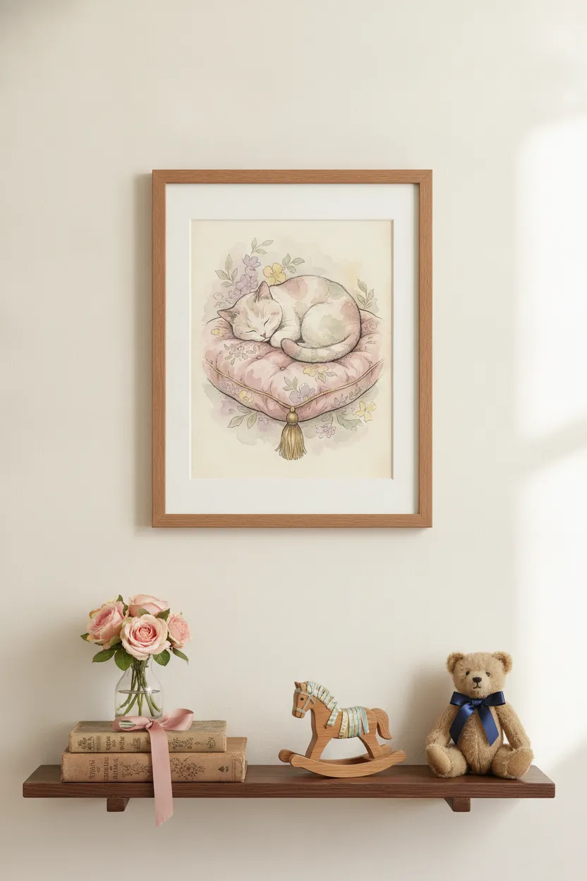 Sleeping Cat on Floral Cushion Print