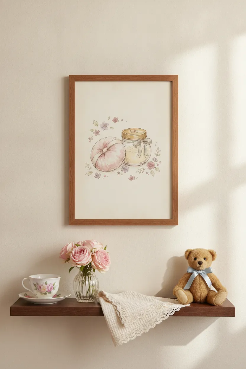 Vintage Powder Puff & Perfume Jar Print