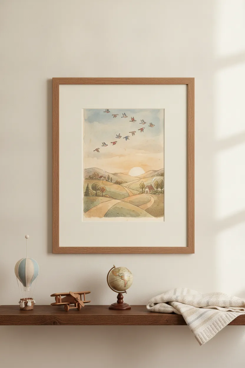 Migrating Birds Over Rolling Hills Print