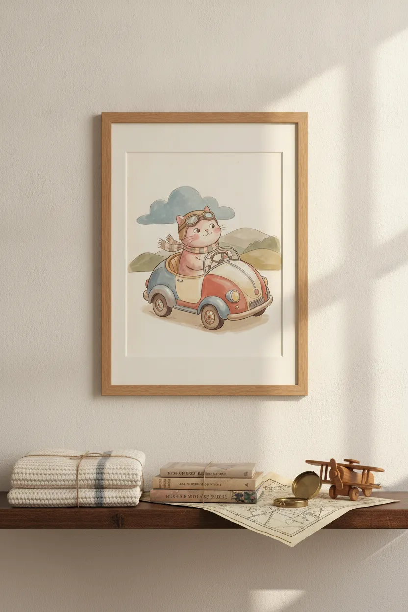 Cat Driving Vintage Car Print