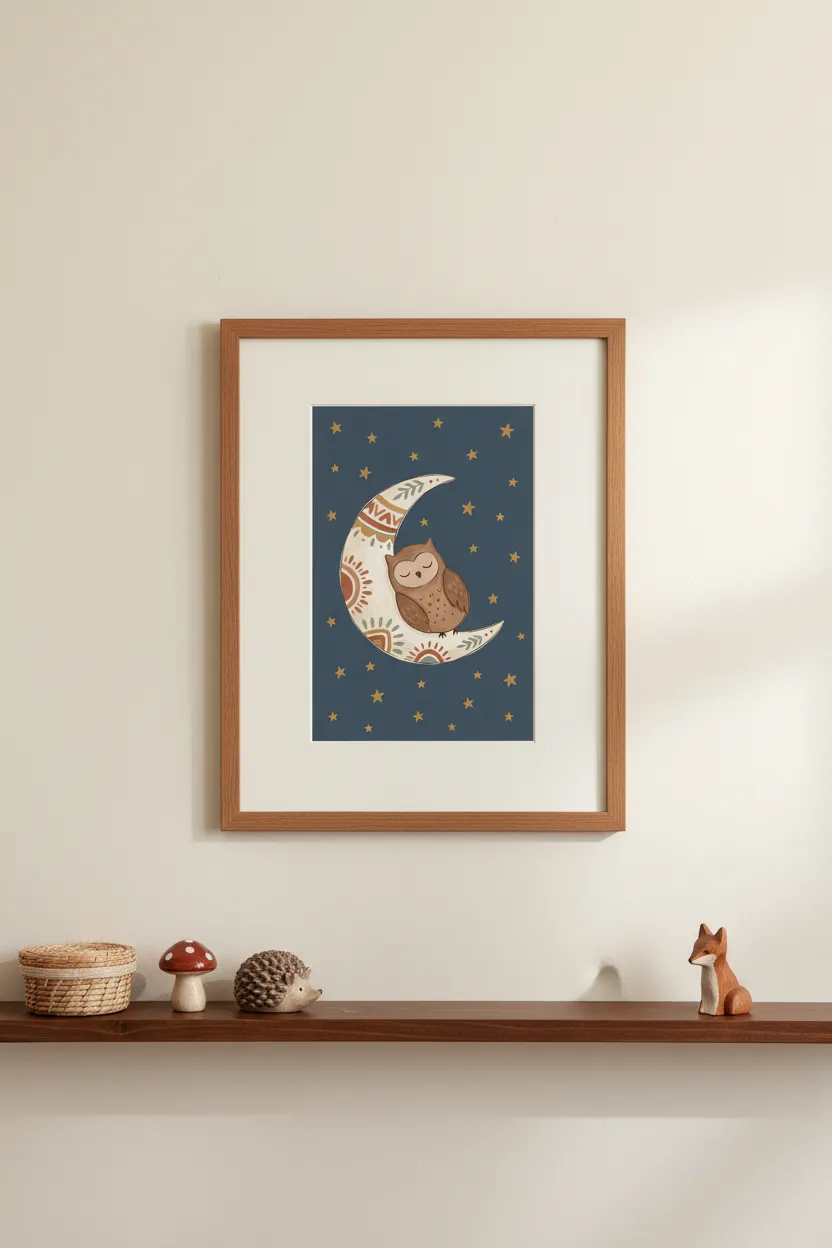 Sleeping Owl on Crescent Moon Print