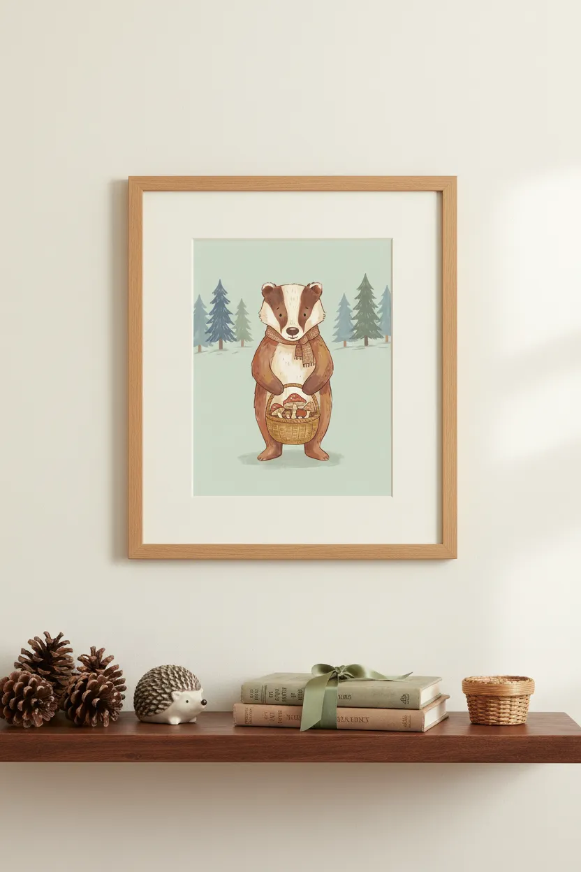 Badger with Mushroom Basket Print