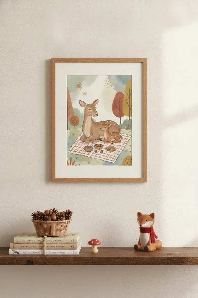 Mama Deer and Fawn Picnic Print