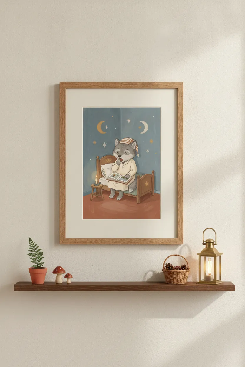 Sleepy Wolf Reading Bedtime Story Print