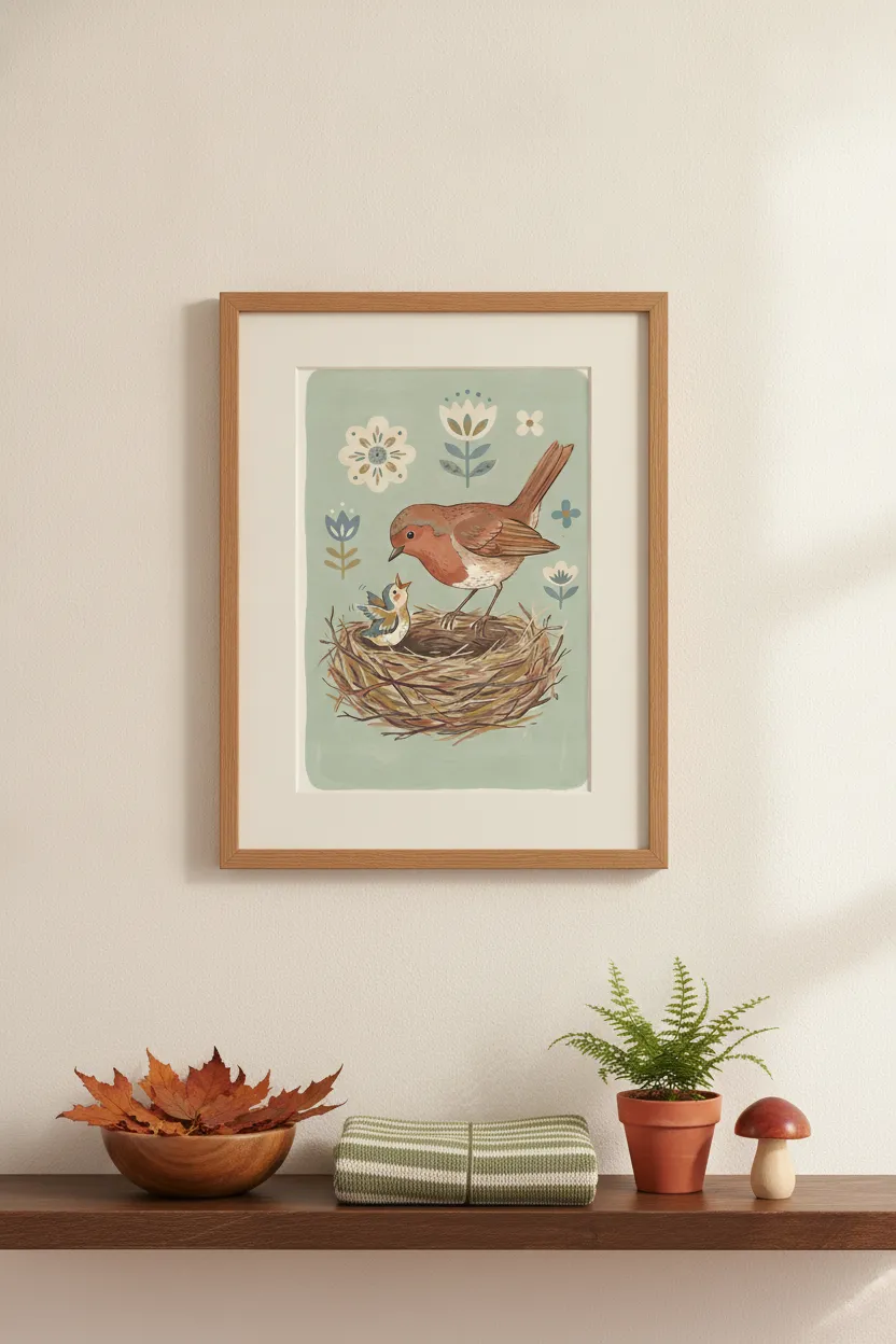 Mama Robin and Baby Bird Nest Print